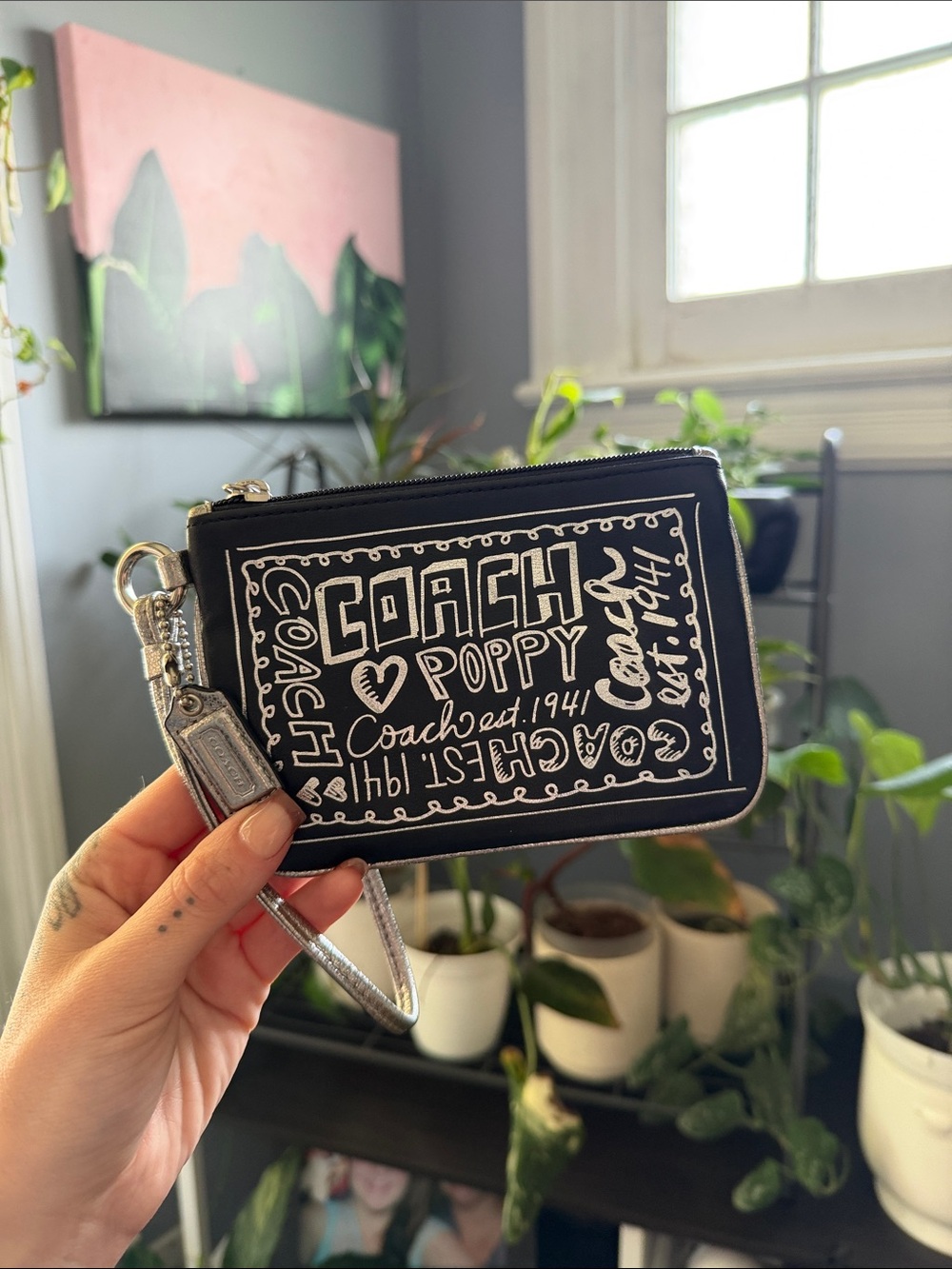 Coach Black & White Poppy Graffiti Wristlet